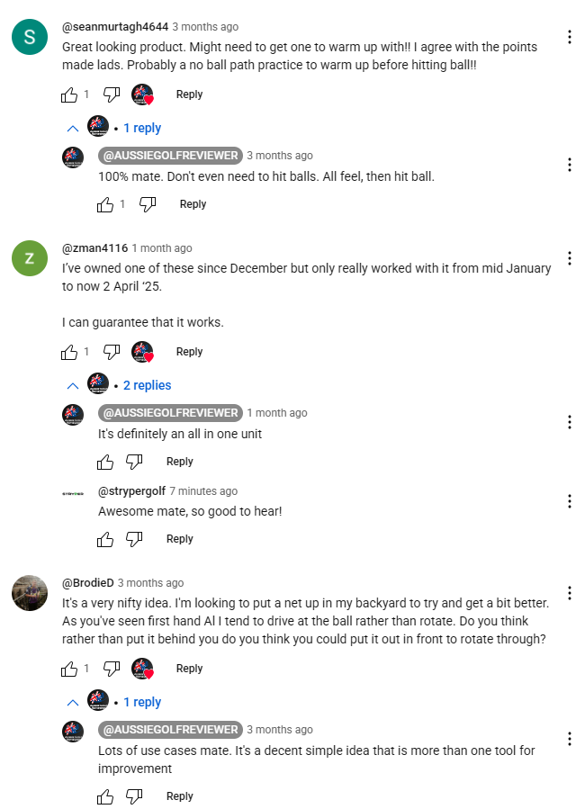 Comments on the Aussie Golf Reviewer YouTube page about Stryper SwingMate